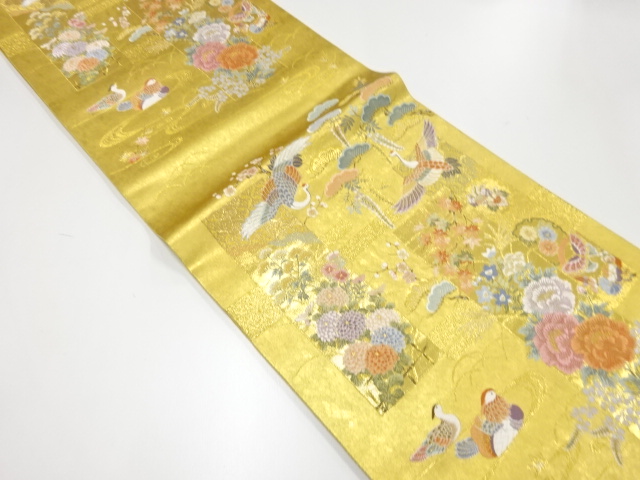 未使用品 高島織物の袋帯 手織錦 榴花向鳥 山田ラデン箔